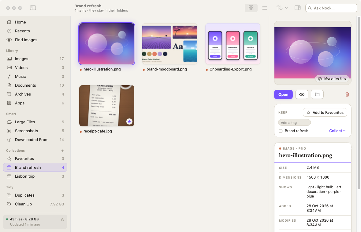 A collection called Brand refresh with four files from different folders, and the inspector’s Keep section