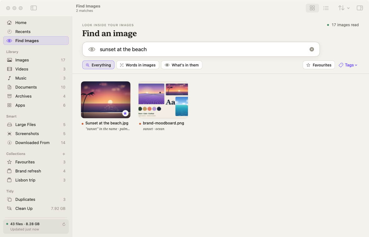 Find Images with “sunset at the beach”: two pictures, each with a note saying why it matched