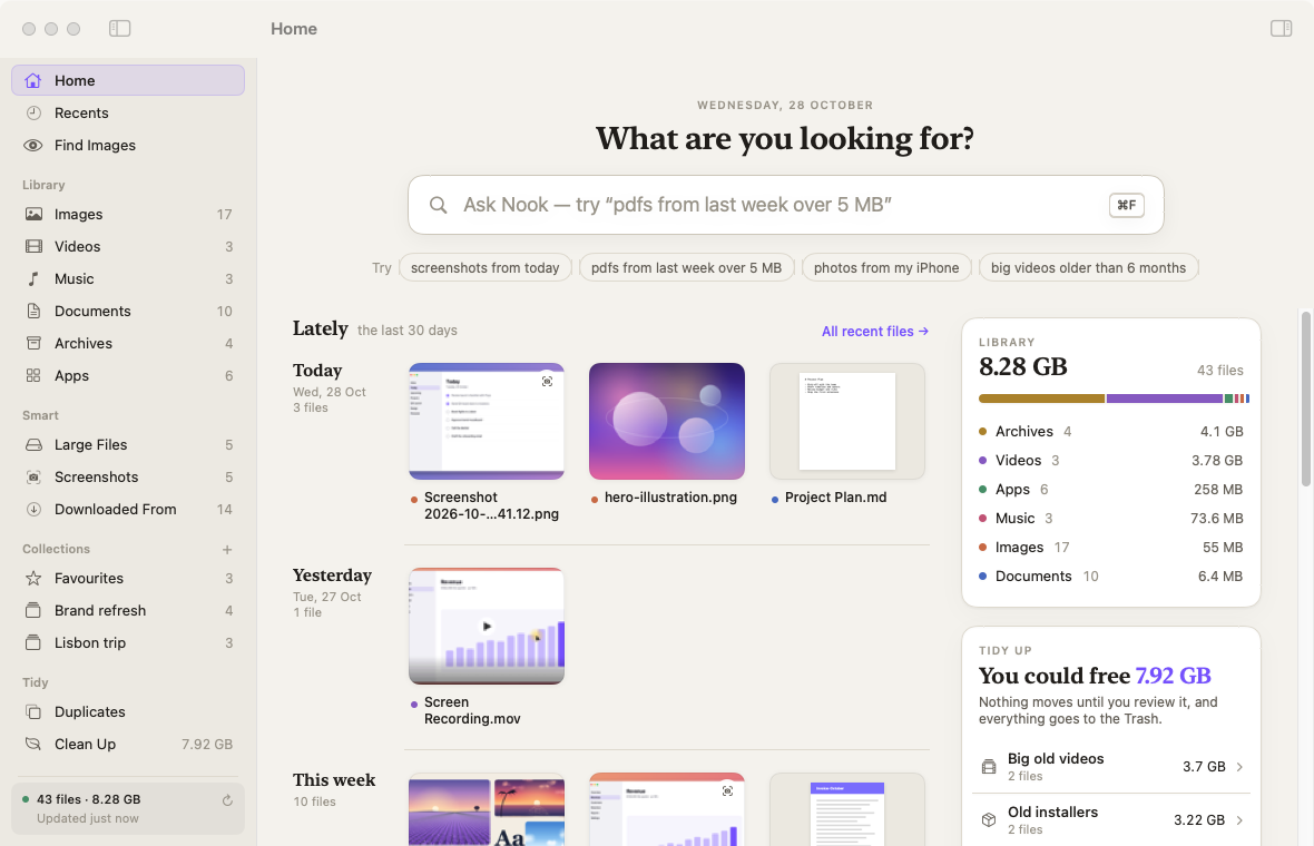 Nook’s Home: an Ask Nook bar, the last 30 days of files and a Tidy Up card