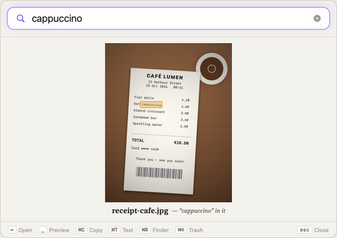 The Quick Search panel previewing a receipt with “cappuccino” highlighted