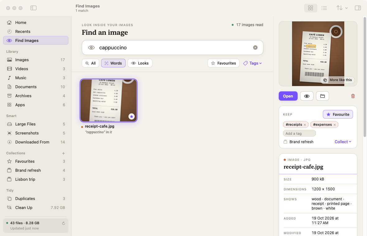 Searching “cappuccino” finds a café receipt, with the word highlighted on the photo in the inspector
